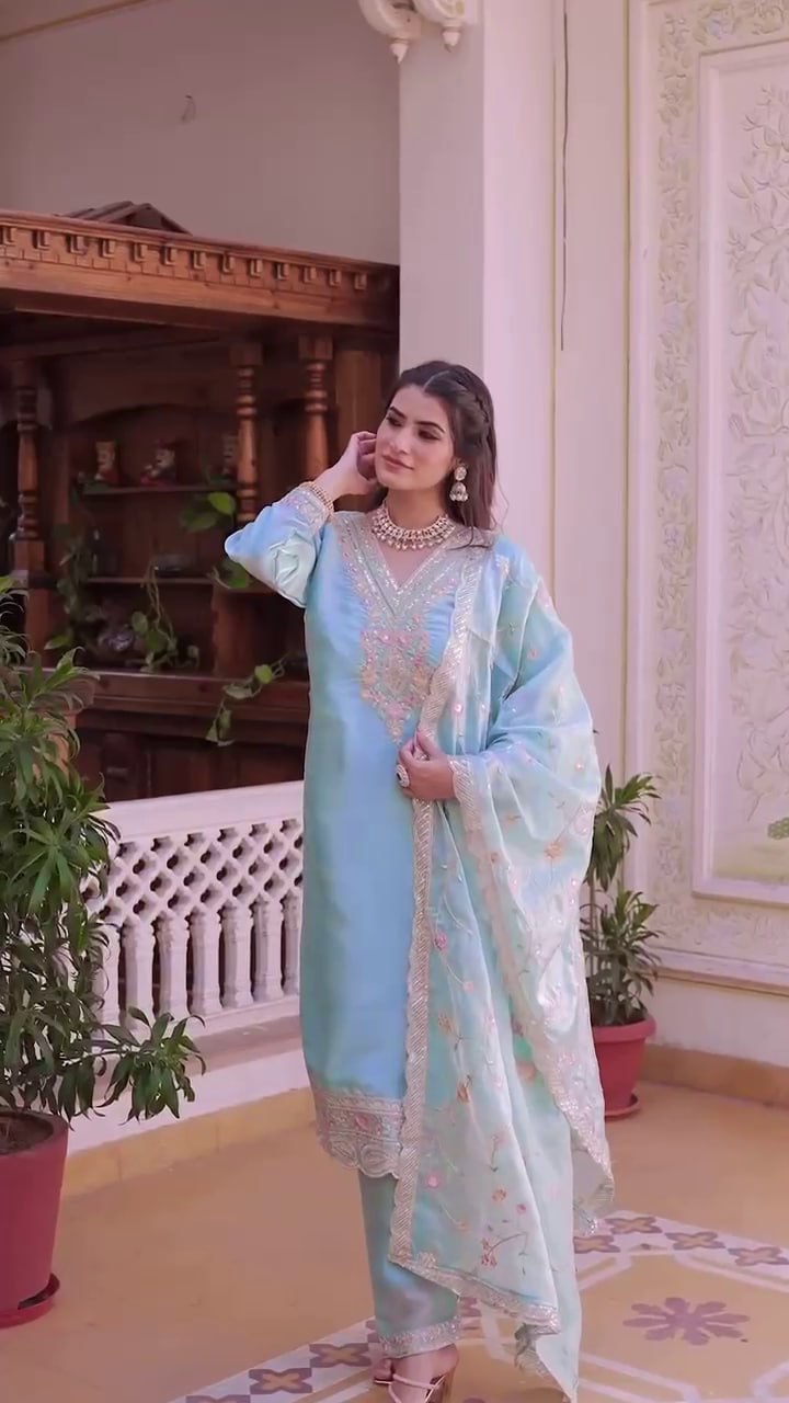 Sky Blue Embroidered Silk Suit Set – Trending Festive Look 2025