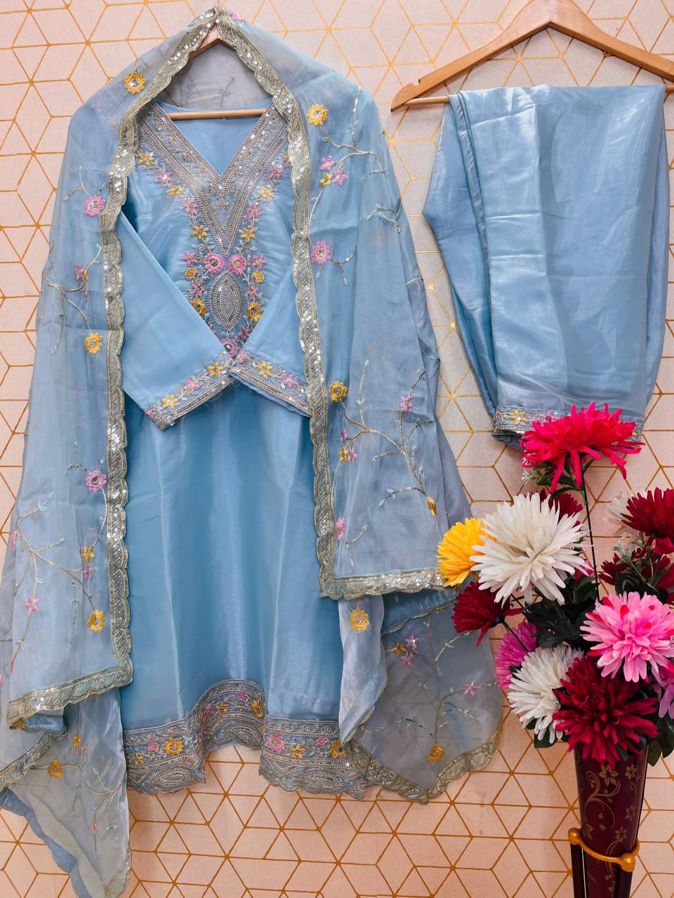 Sky Blue Embroidered Silk Suit Set – Trending Festive Look 2025
