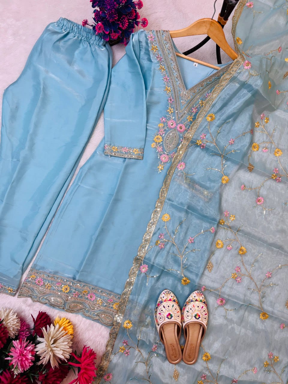 Sky Blue Embroidered Silk Suit Set – Trending Festive Look 2025