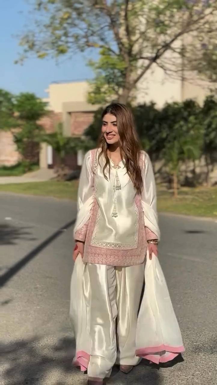 Ivory Shine Sharara Set with Pastel Pink Lace – Trending Wedding Festive Look