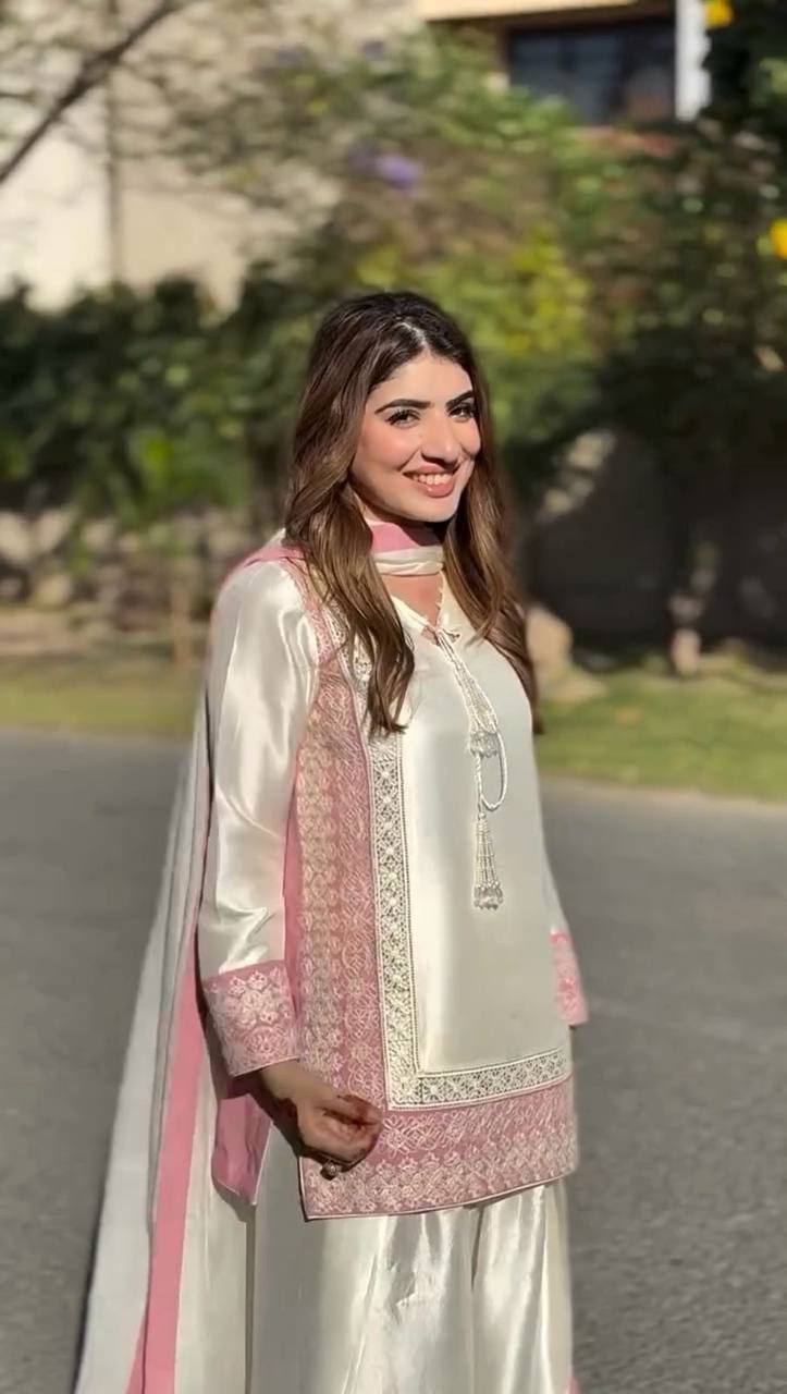 Ivory Shine Sharara Set with Pastel Pink Lace – Trending Wedding Festive Look
