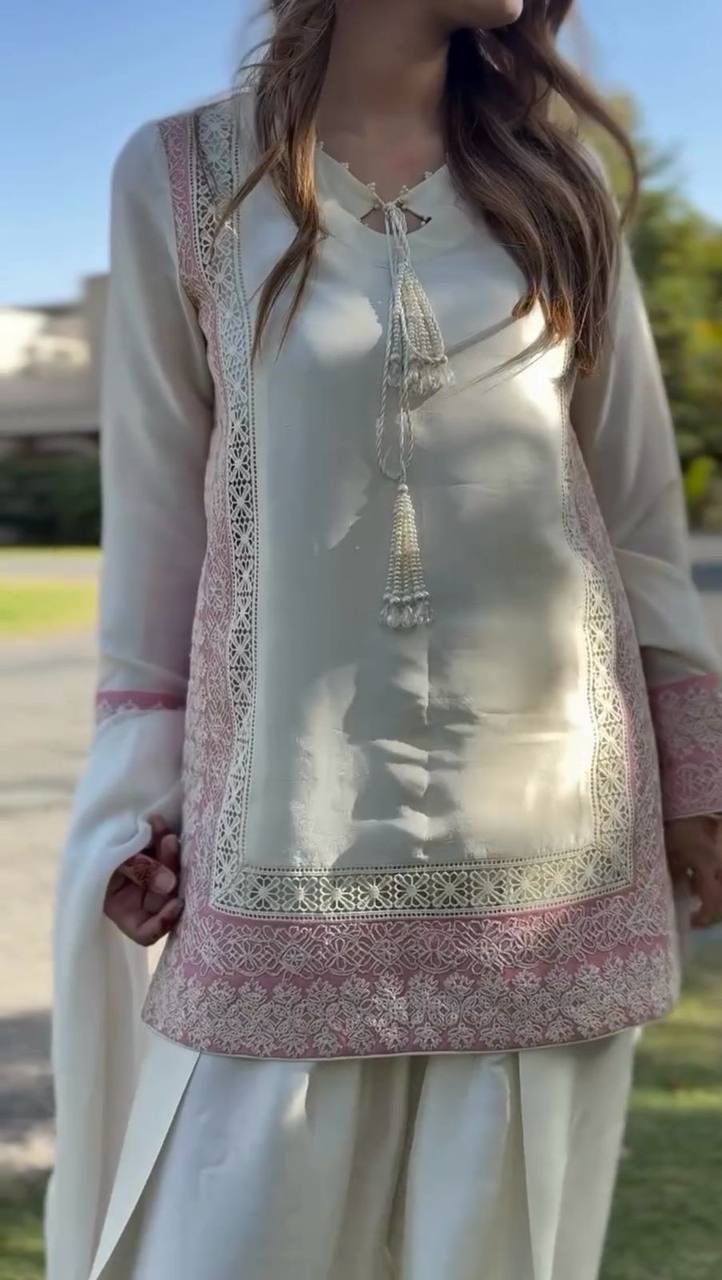 Ivory Shine Sharara Set with Pastel Pink Lace – Trending Wedding Festive Look
