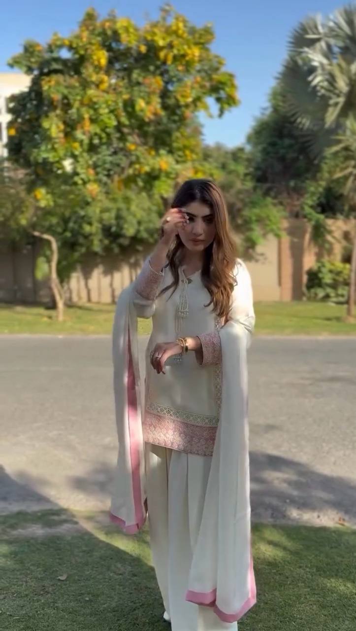 Ivory Shine Sharara Set with Pastel Pink Lace – Trending Wedding Festive Look