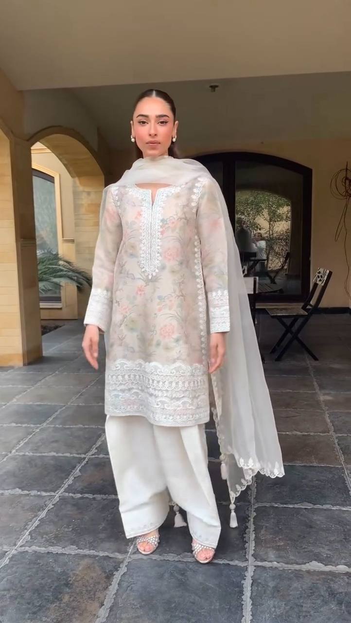 Charch Luxe White Embroidered Set – Pastel Floral Elegance