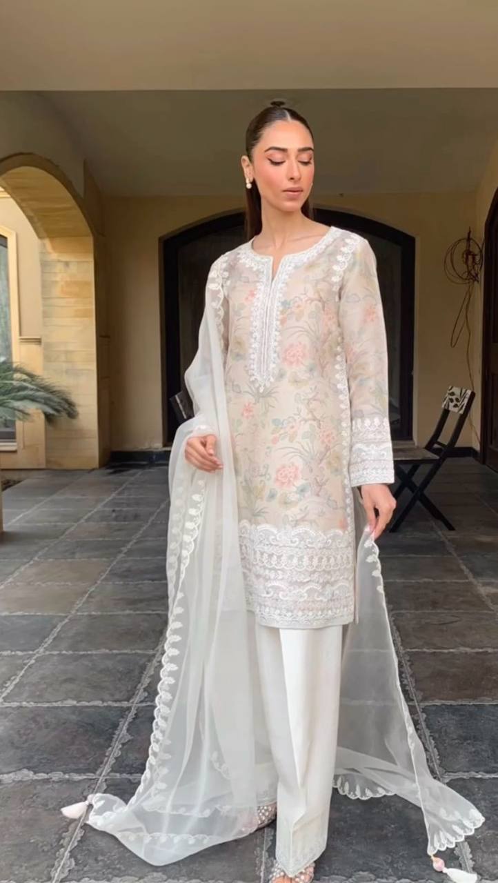 Charch Luxe White Embroidered Set – Pastel Floral Elegance