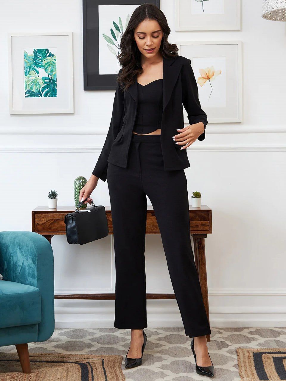 Elegant Black Blazer & Trouser Co-Ord Set with Crop Top