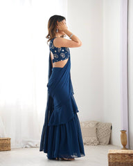 Vibrant Teal Blue Georgette Sharara Set with Sequins & Zari Embroidery