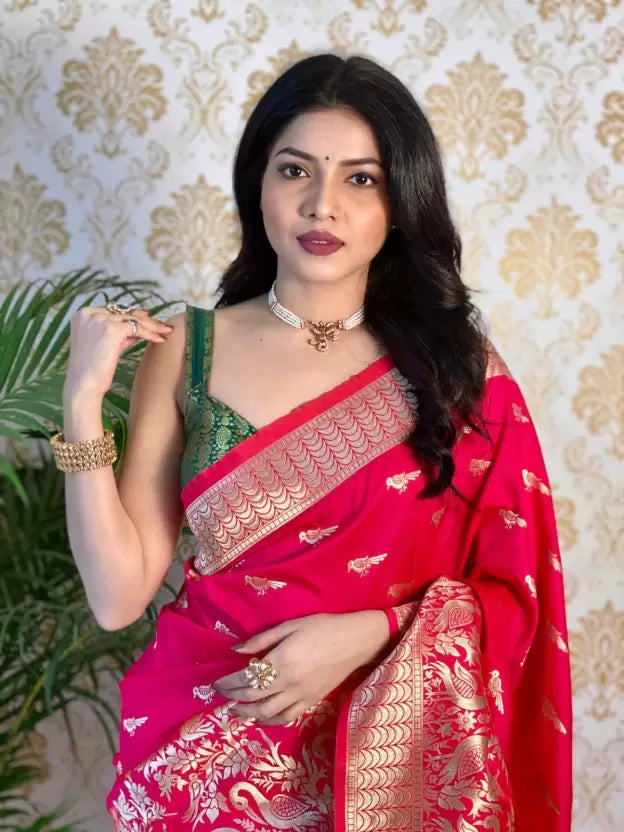 Banarasi Pure Silk Pink Saree with Golden Zari Design