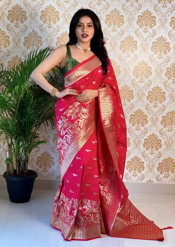 Banarasi Pure Silk Pink Saree with Golden Zari Design