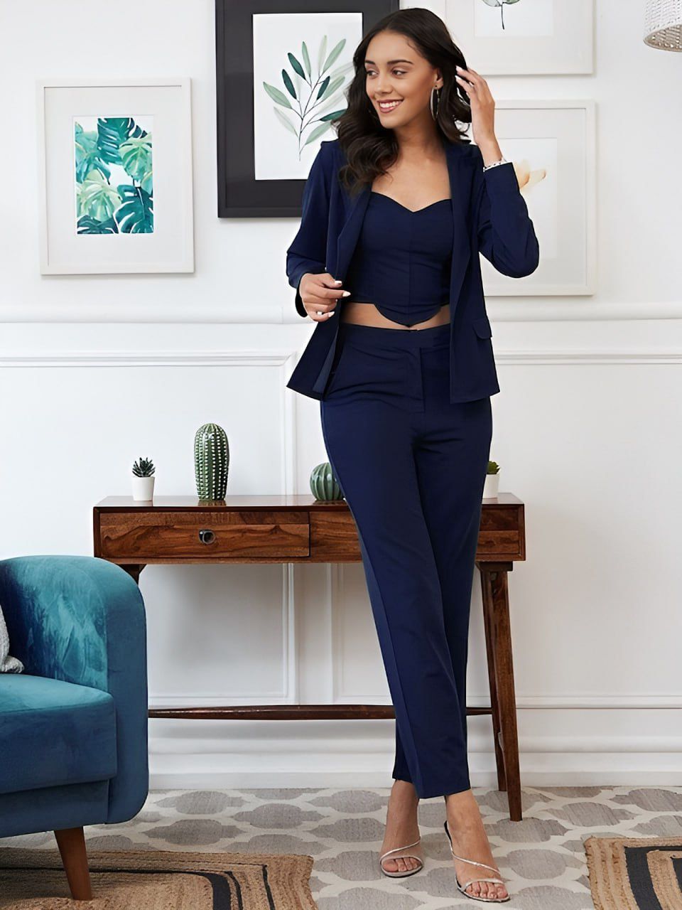 Elegant Black Blazer & Trouser Co-Ord Set with Crop Top