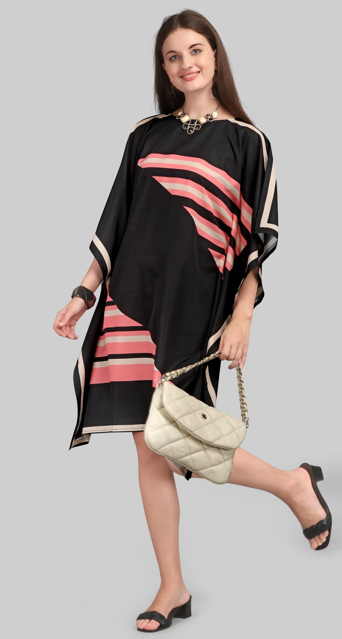 Abstract Striped Black Kaftan Dress