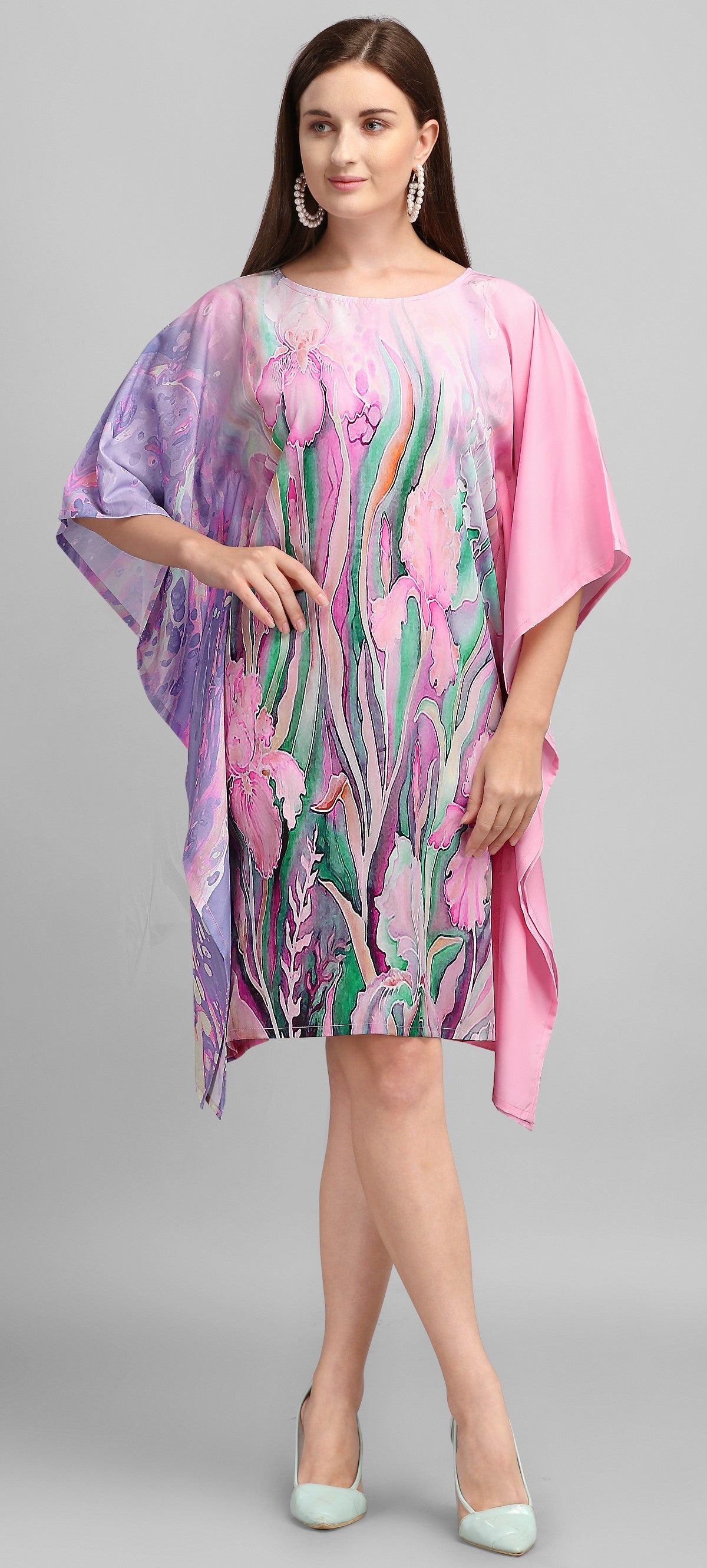 Pastel Garden Hand-Painted Look Kaftan Dress
