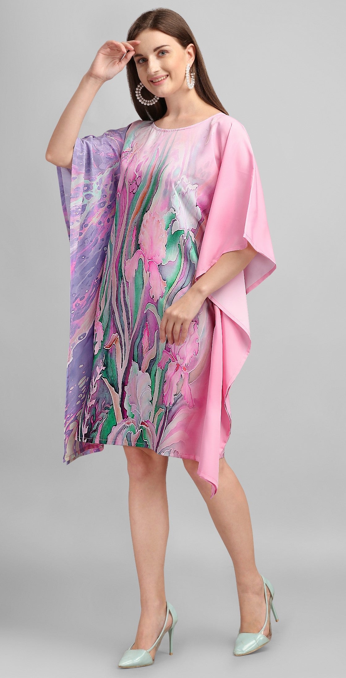 Pastel Garden Hand-Painted Look Kaftan Dress
