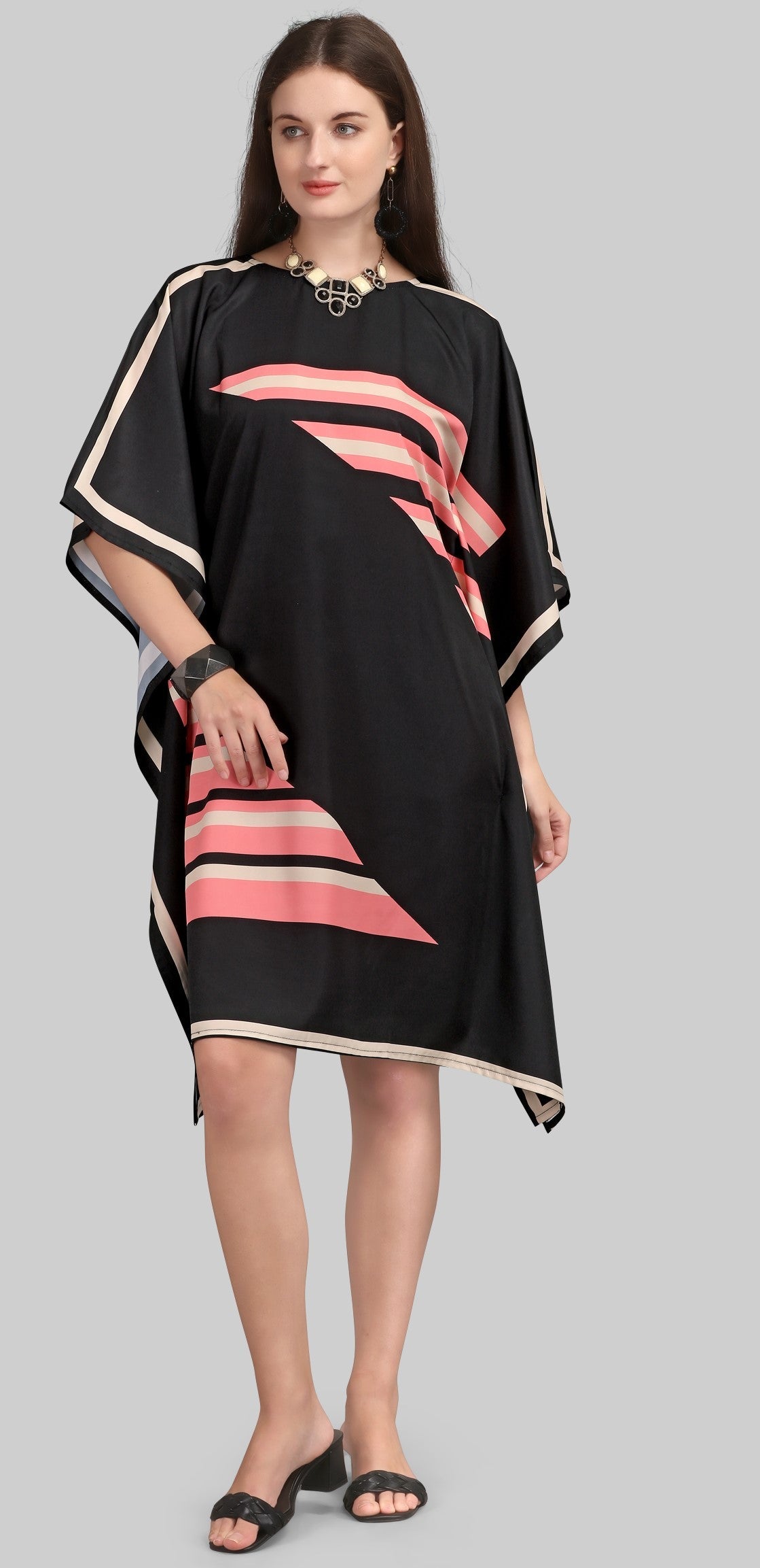 Abstract Striped Black Kaftan Dress