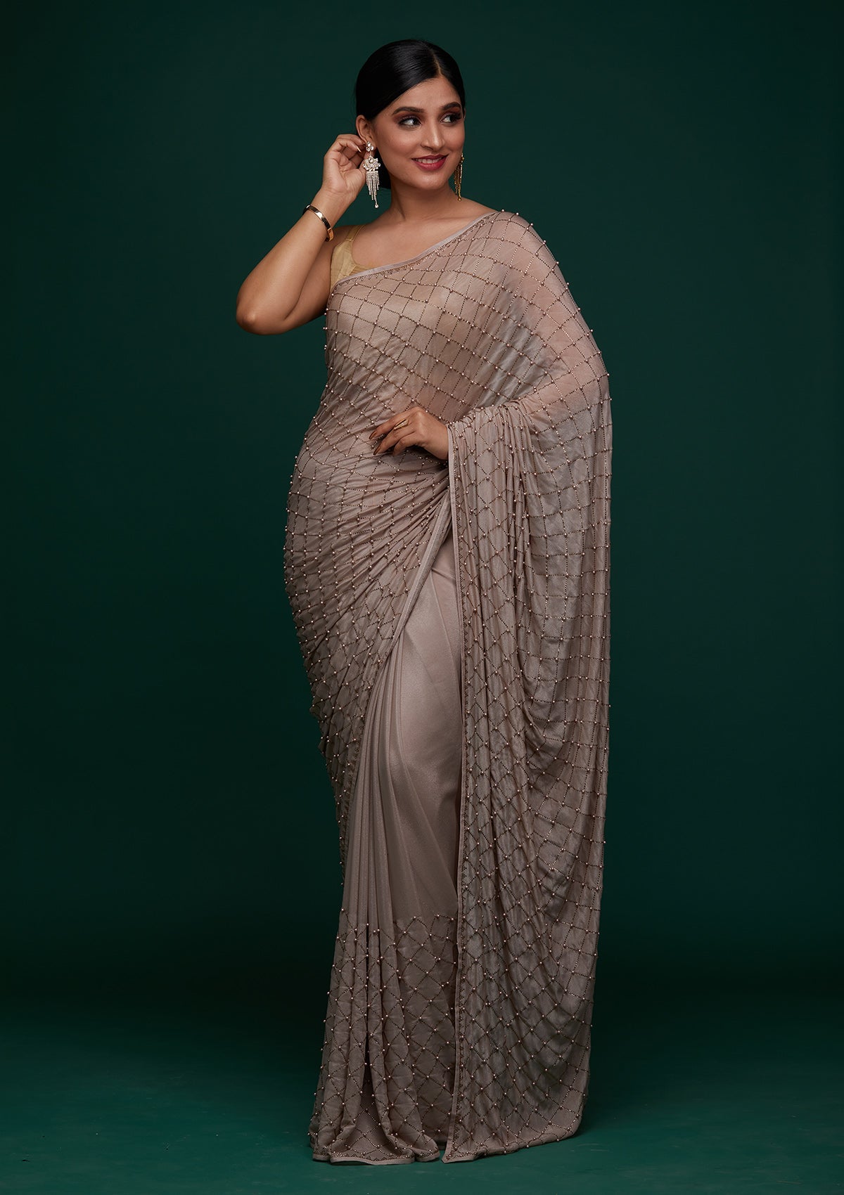 Beige Satin Saree with Pearlwork Embroidery – Elegant & Playful