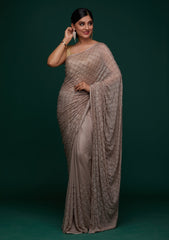 Beige Satin Saree with Pearlwork Embroidery – Elegant & Playful
