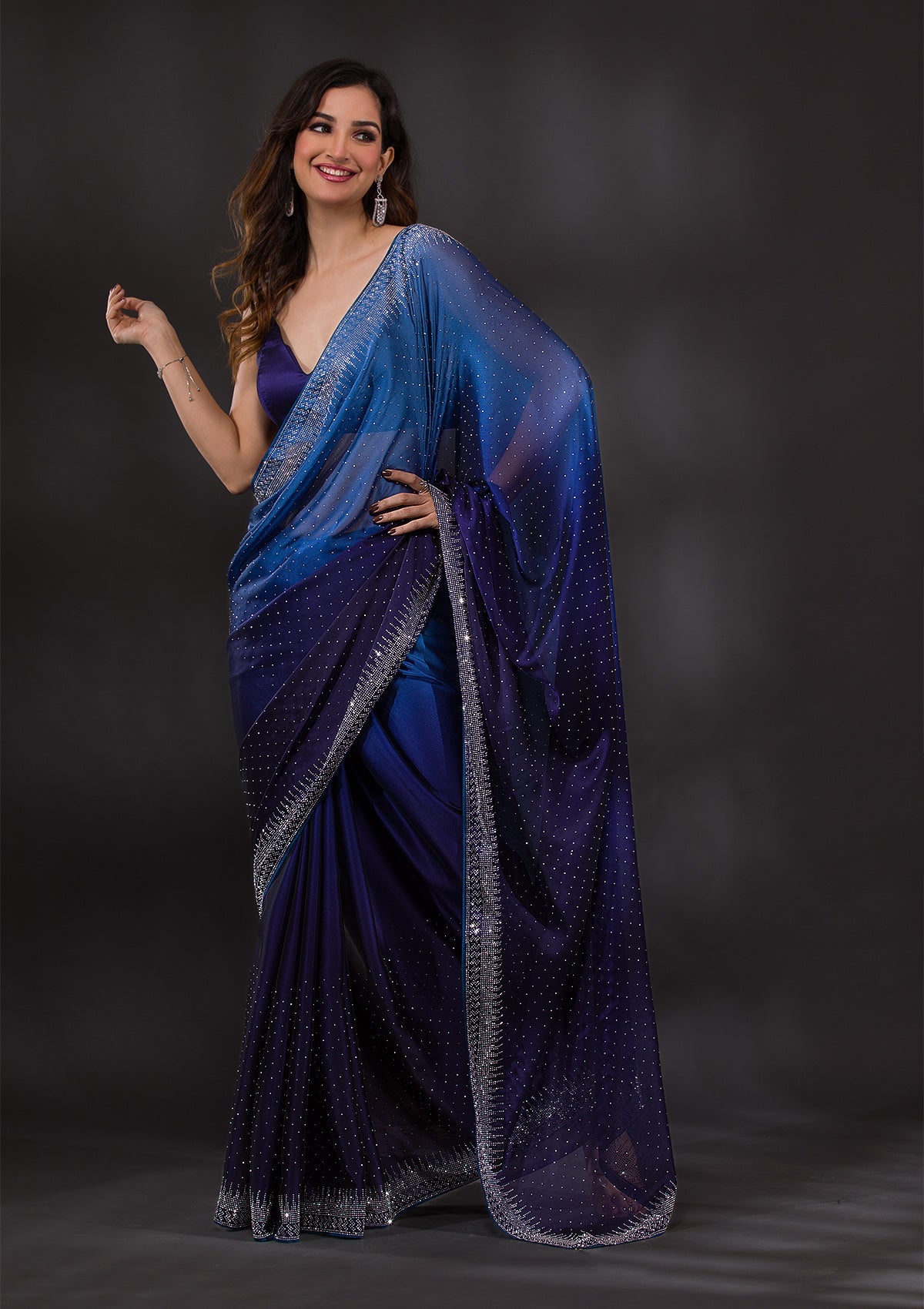 Blue Semi Crepe Saree with Silver Stonework – Playful & Sophisticated