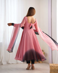 Onion Pink Georgette Anarkali Suit with Printed Gown & Lace Border Dupatta – Festive Three-Piece Set