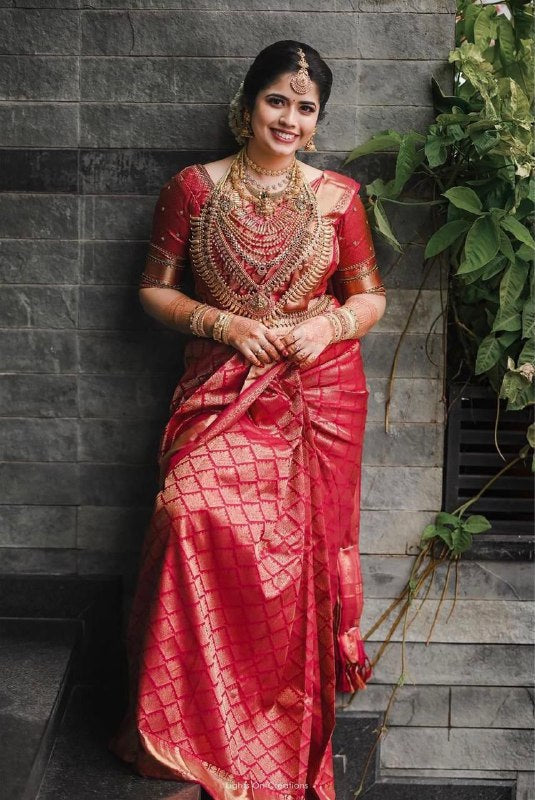Assam Soft Silk Red Saree for Wedding