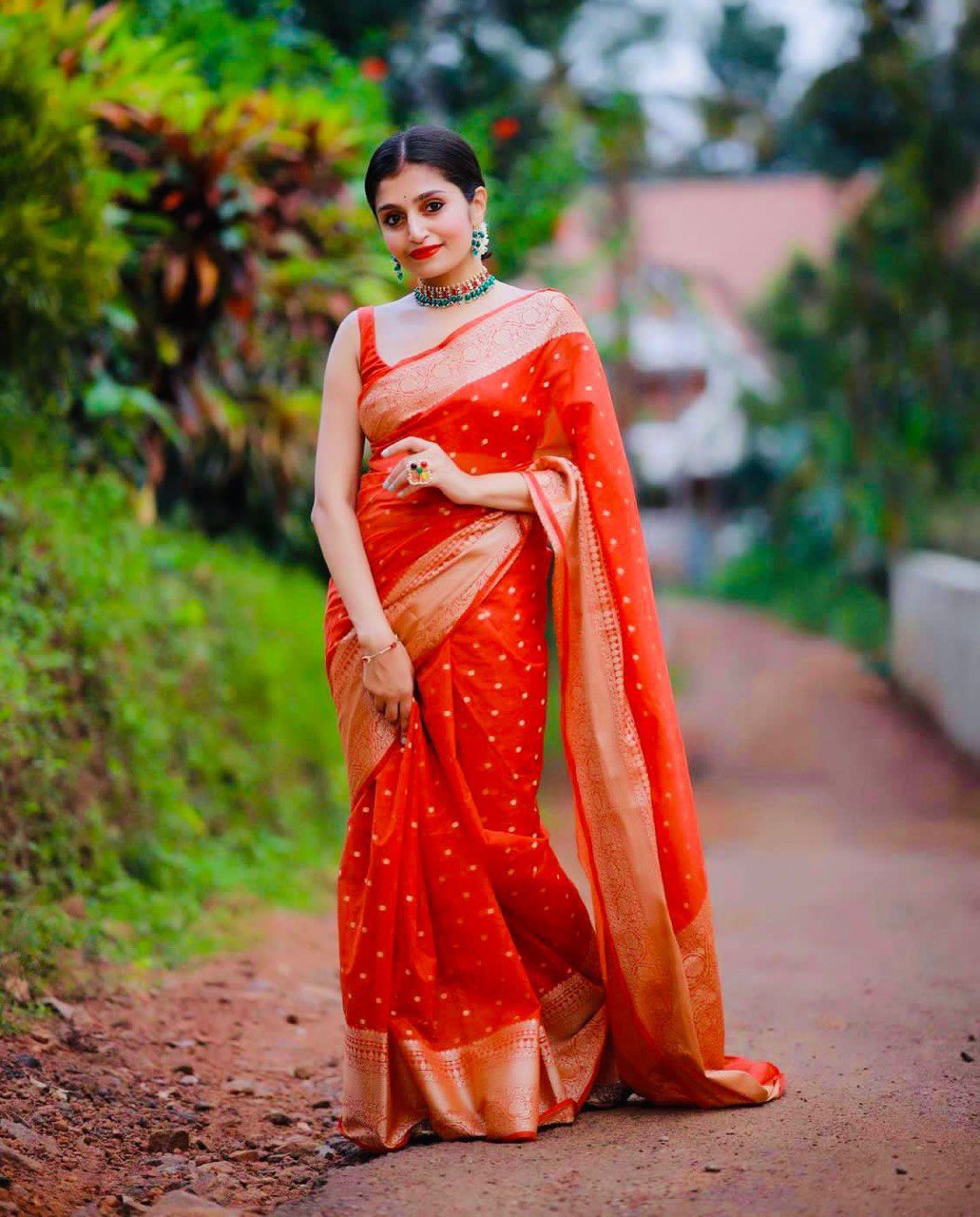 Beautiful Golden Zari Woven Soft Lichi Silk Saree