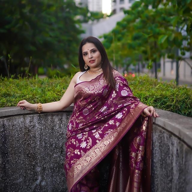Attractive Wine Floral Printed Banarasi Soft Silk Saree