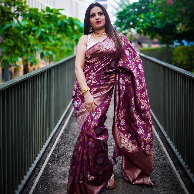 Attractive Wine Floral Printed Banarasi Soft Silk Saree