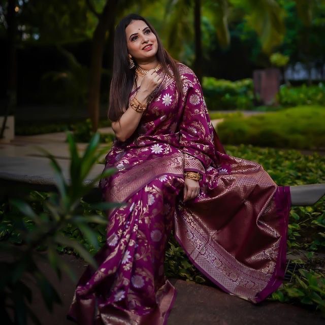 Attractive Wine Floral Printed Banarasi Soft Silk Saree