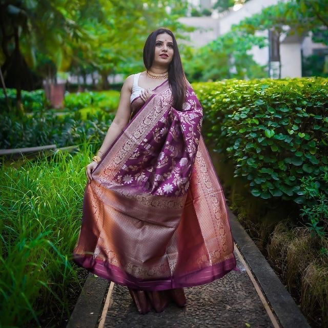 Attractive Wine Floral Printed Banarasi Soft Silk Saree