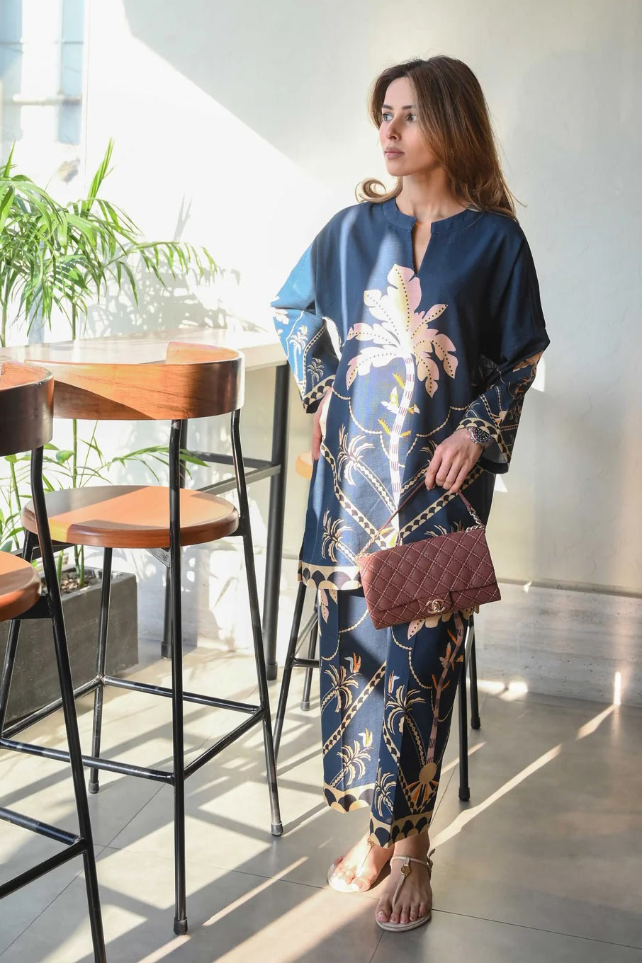Blue Moon Co-ord Set – Elegant Palm Tree Print on Rich Blue Cambric Linen