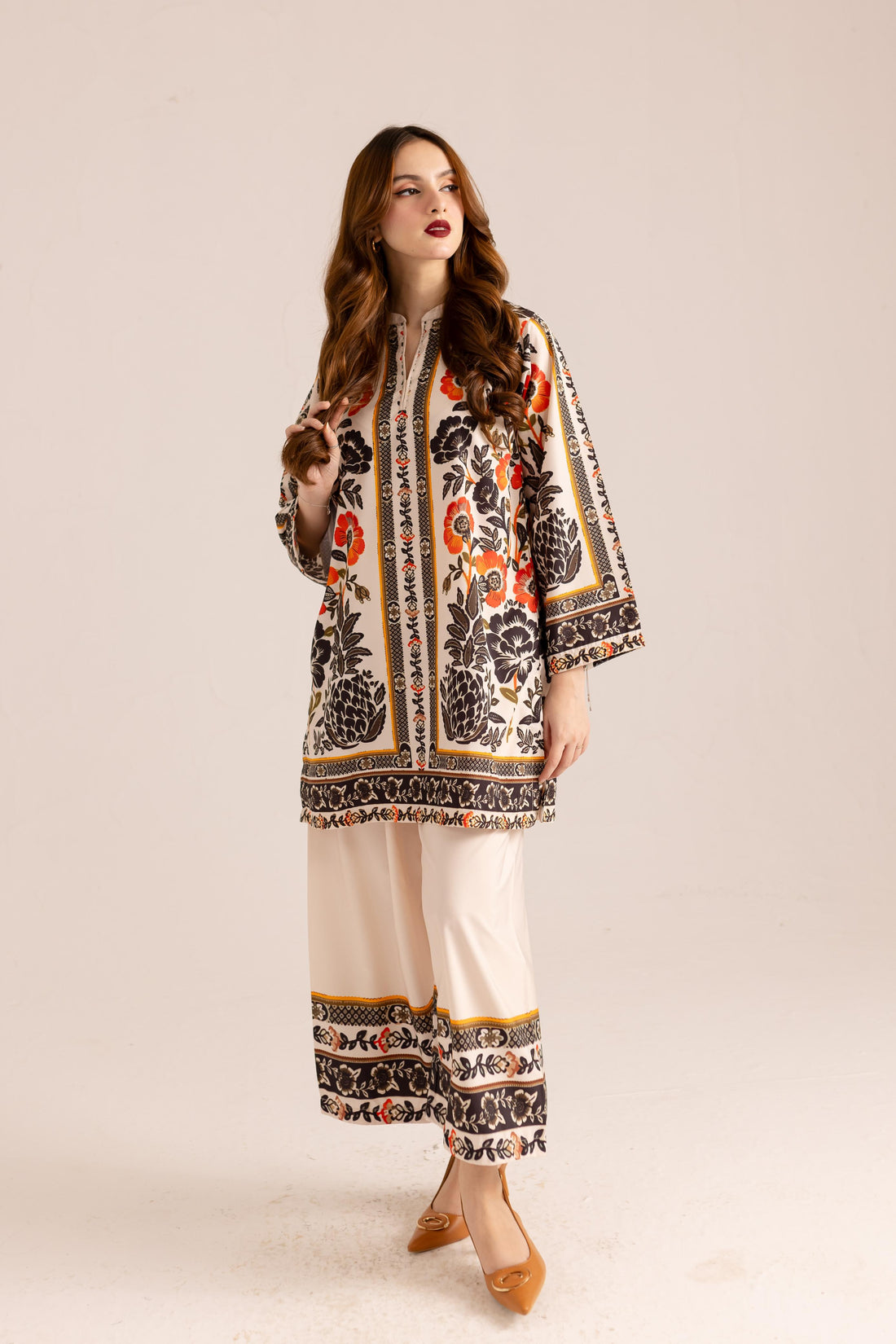Cream-Colored Kurta Set with Red Dehliya Flowers – Bold Elegance in Korean BSY Fabric