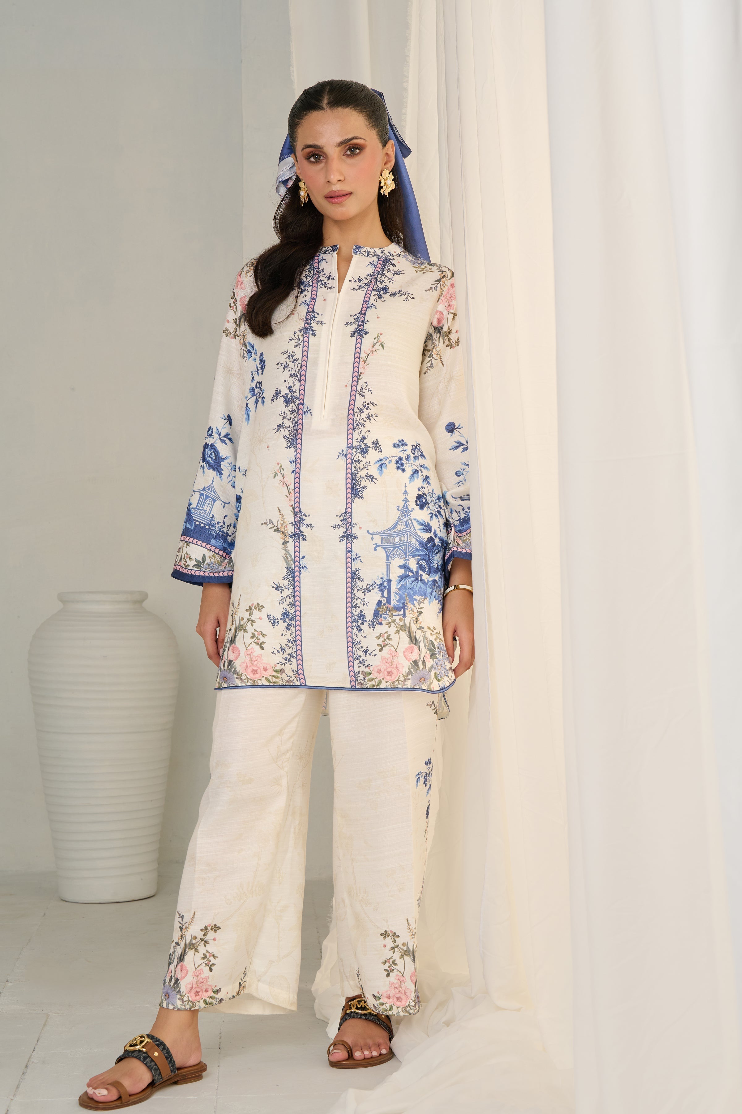 White Cord Set with Blue Patterns – Serene Sophistication & Relaxed Comfort in Korean BSY