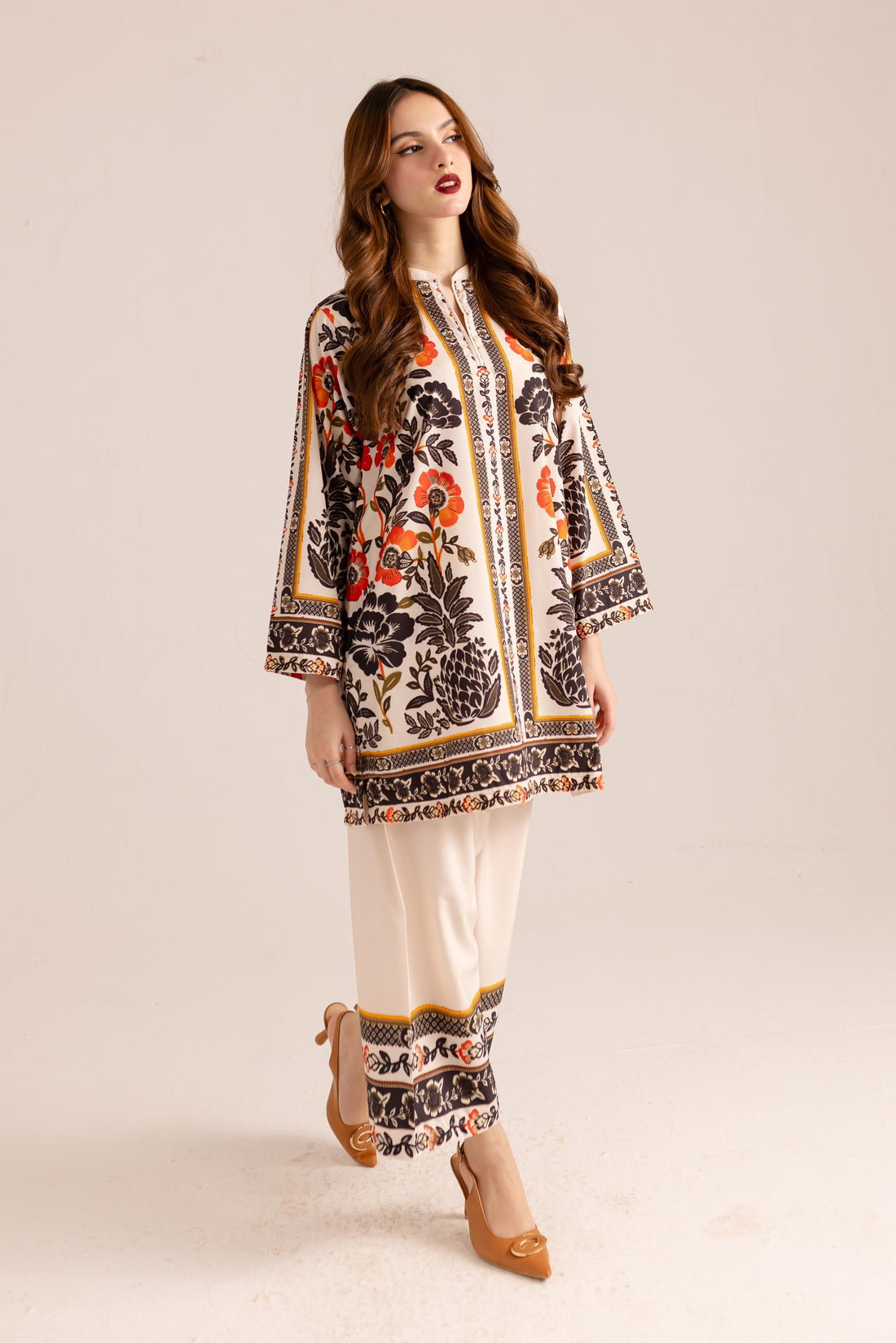 Cream-Colored Kurta Set with Red Dehliya Flowers – Bold Elegance in Korean BSY Fabric