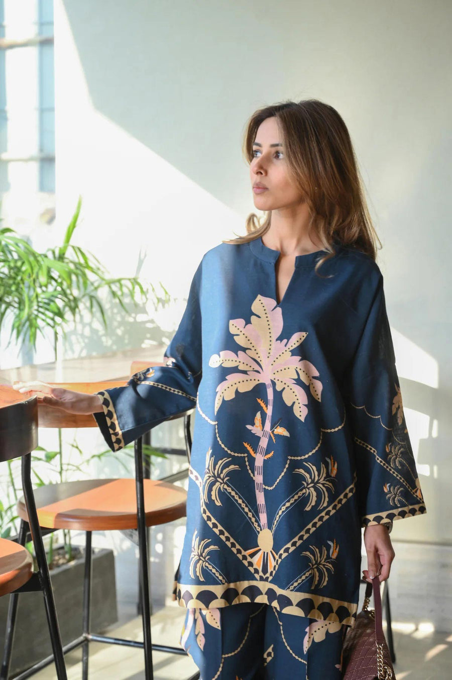 Blue Moon Co-ord Set – Elegant Palm Tree Print on Rich Blue Cambric Linen