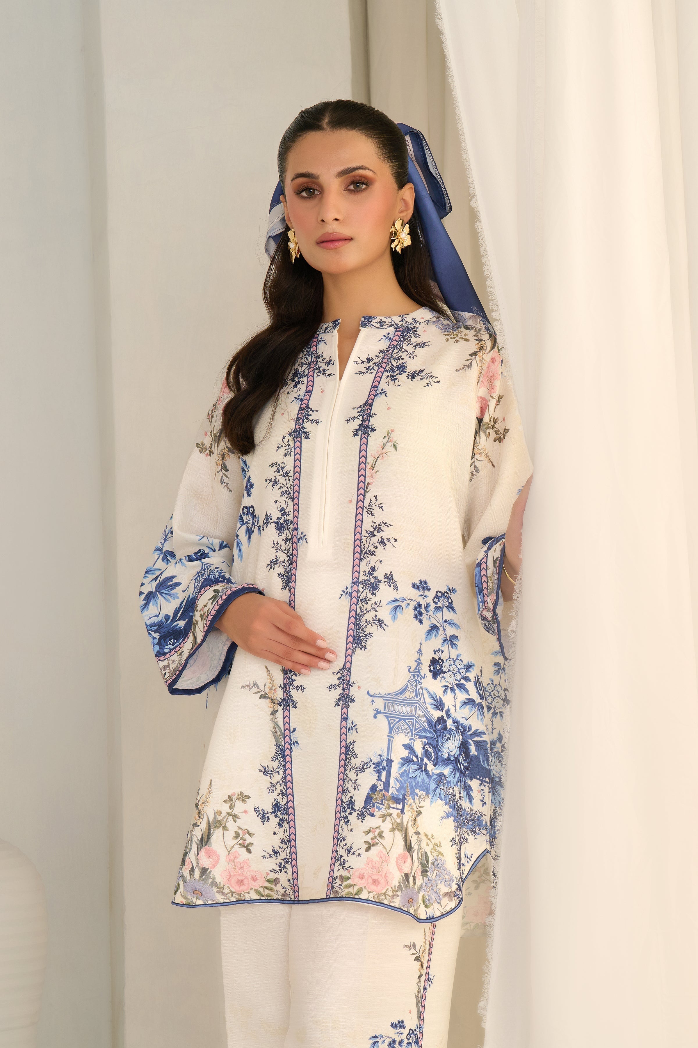 White Cord Set with Blue Patterns – Serene Sophistication & Relaxed Comfort in Korean BSY