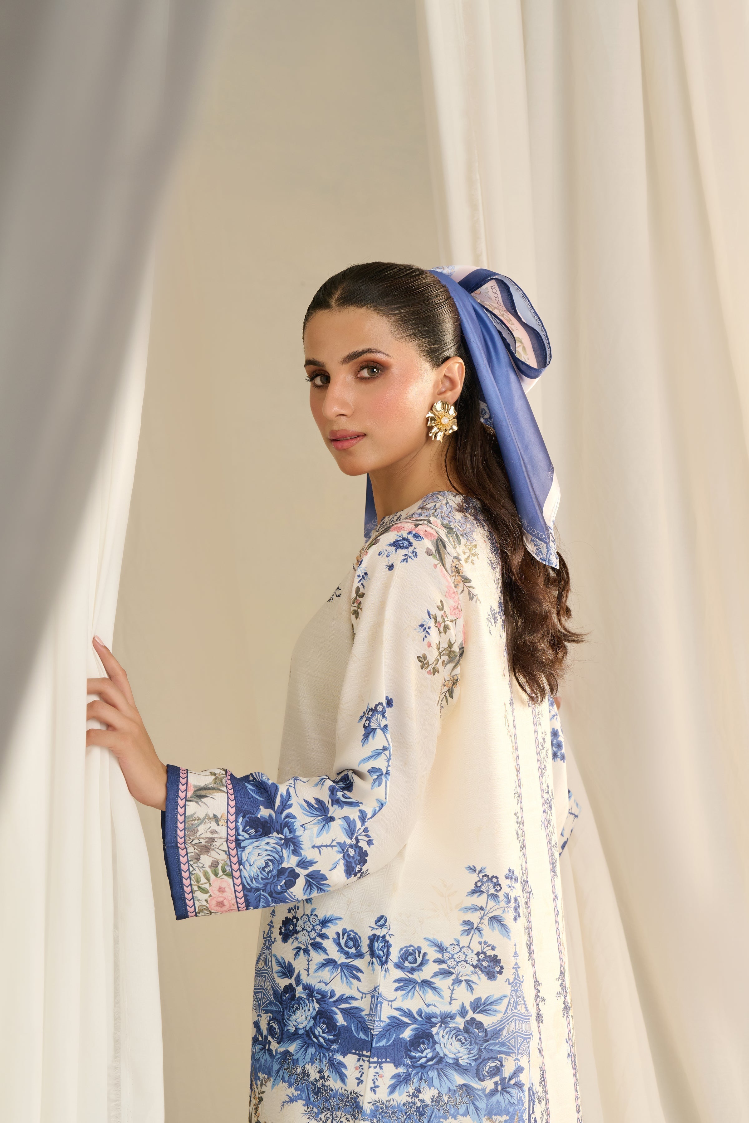White Cord Set with Blue Patterns – Serene Sophistication & Relaxed Comfort in Korean BSY