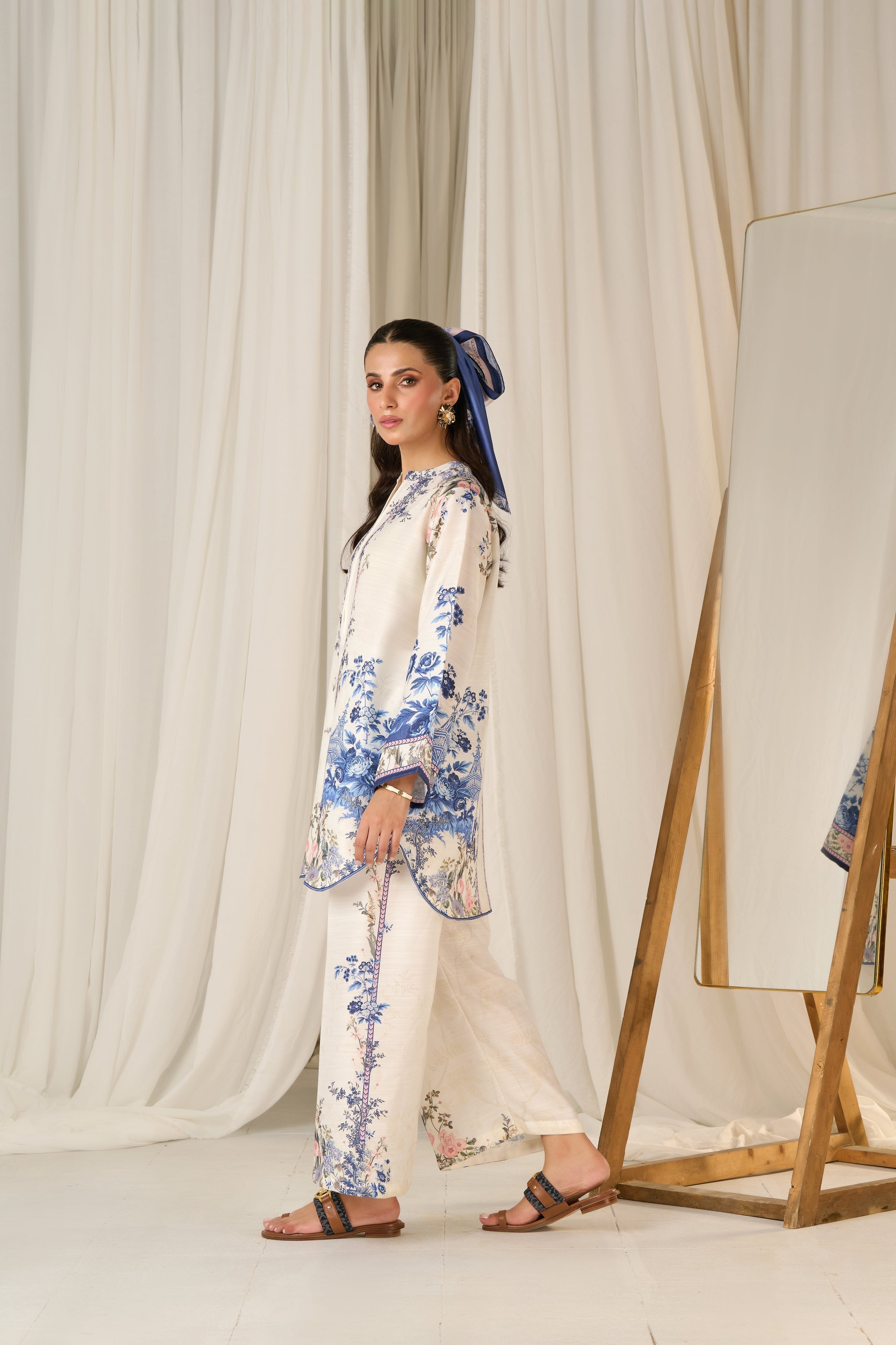 White Cord Set with Blue Patterns – Serene Sophistication & Relaxed Comfort in Korean BSY