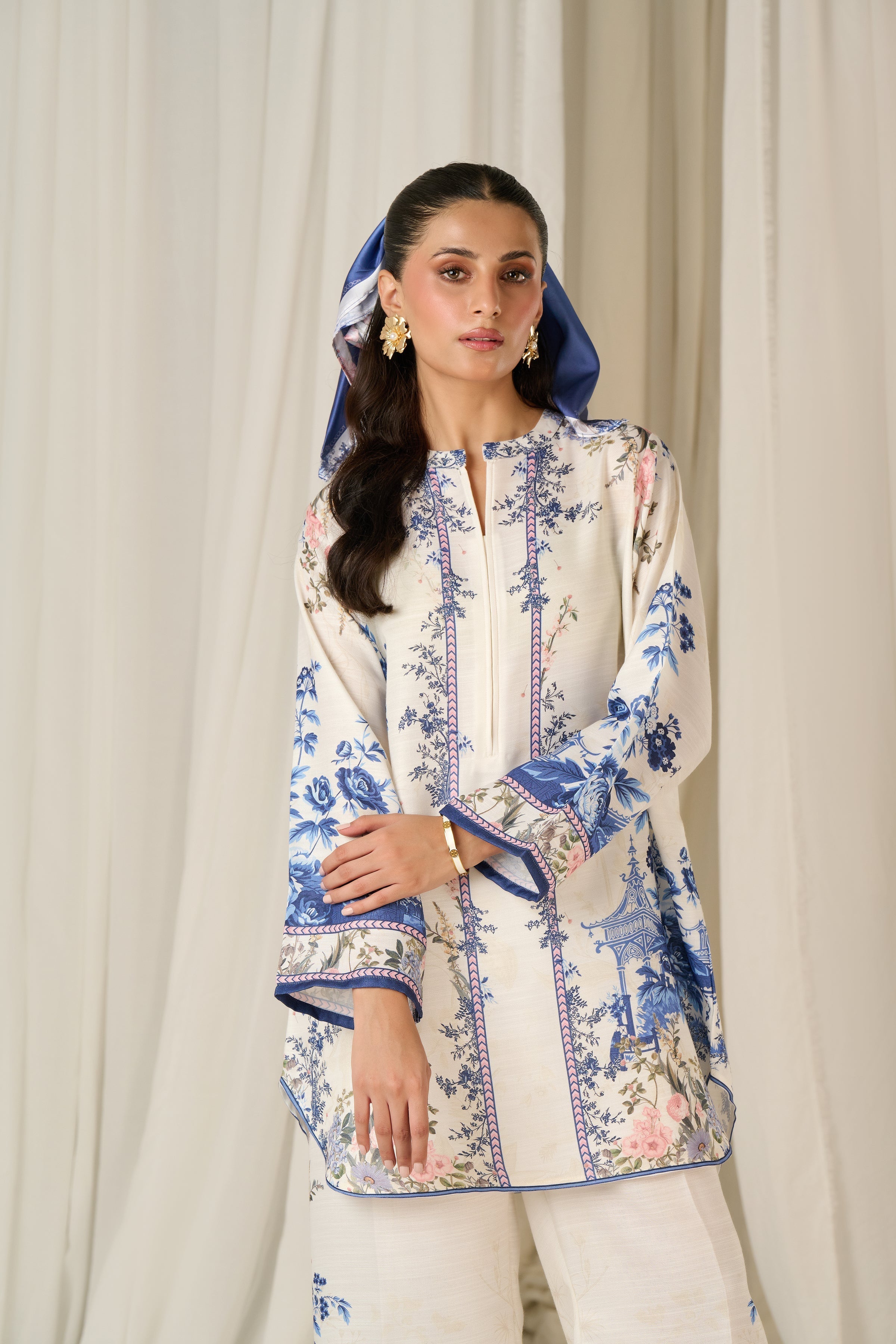 White Cord Set with Blue Patterns – Serene Sophistication & Relaxed Comfort in Korean BSY