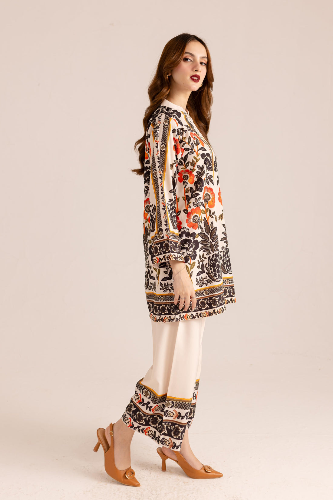 Cream-Colored Kurta Set with Red Dehliya Flowers – Bold Elegance in Korean BSY Fabric