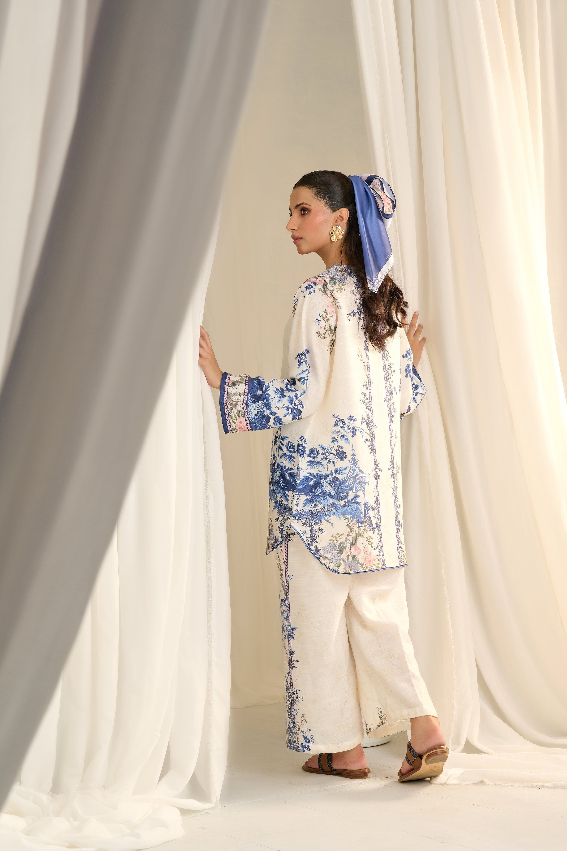 White Cord Set with Blue Patterns – Serene Sophistication & Relaxed Comfort in Korean BSY