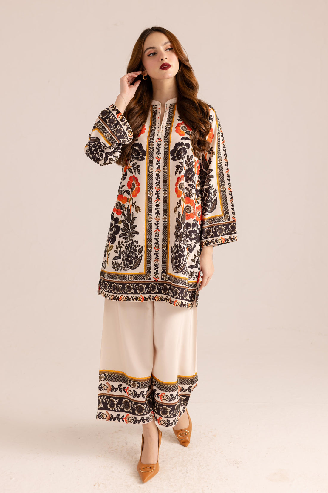 Cream-Colored Kurta Set with Red Dehliya Flowers – Bold Elegance in Korean BSY Fabric
