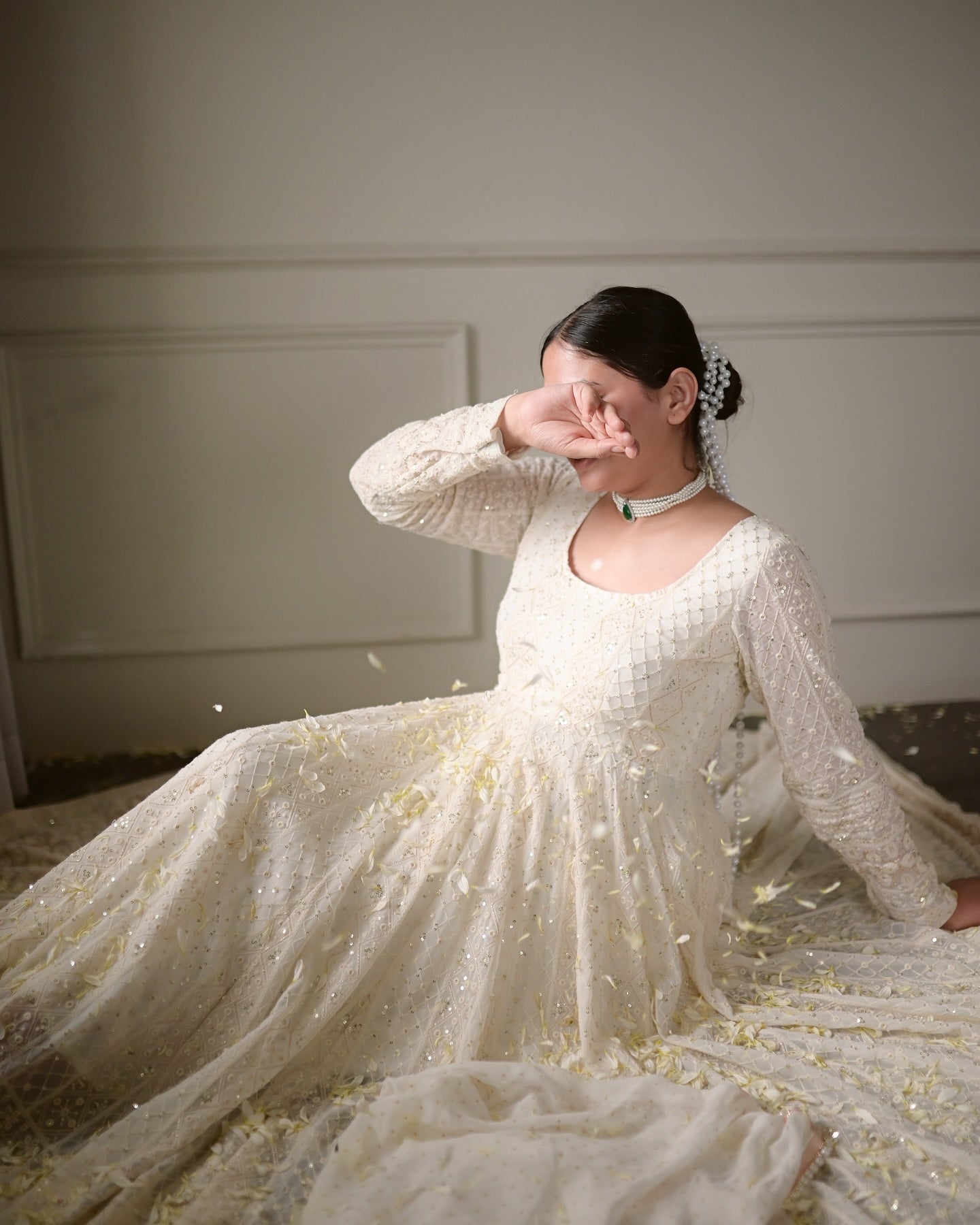 Alisha White Embroidered Anarkali Suit Set
