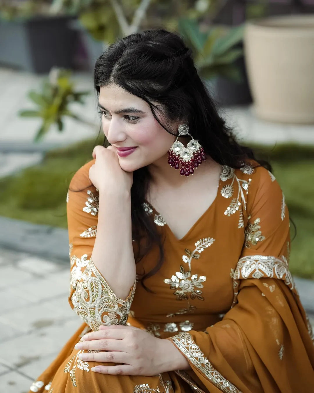 ARADHNA MUSTERD EMBROIDERED SUIT SET