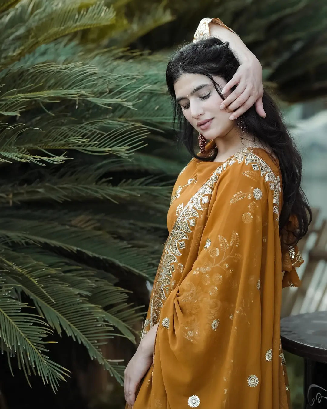ARADHNA MUSTERD EMBROIDERED SUIT SET